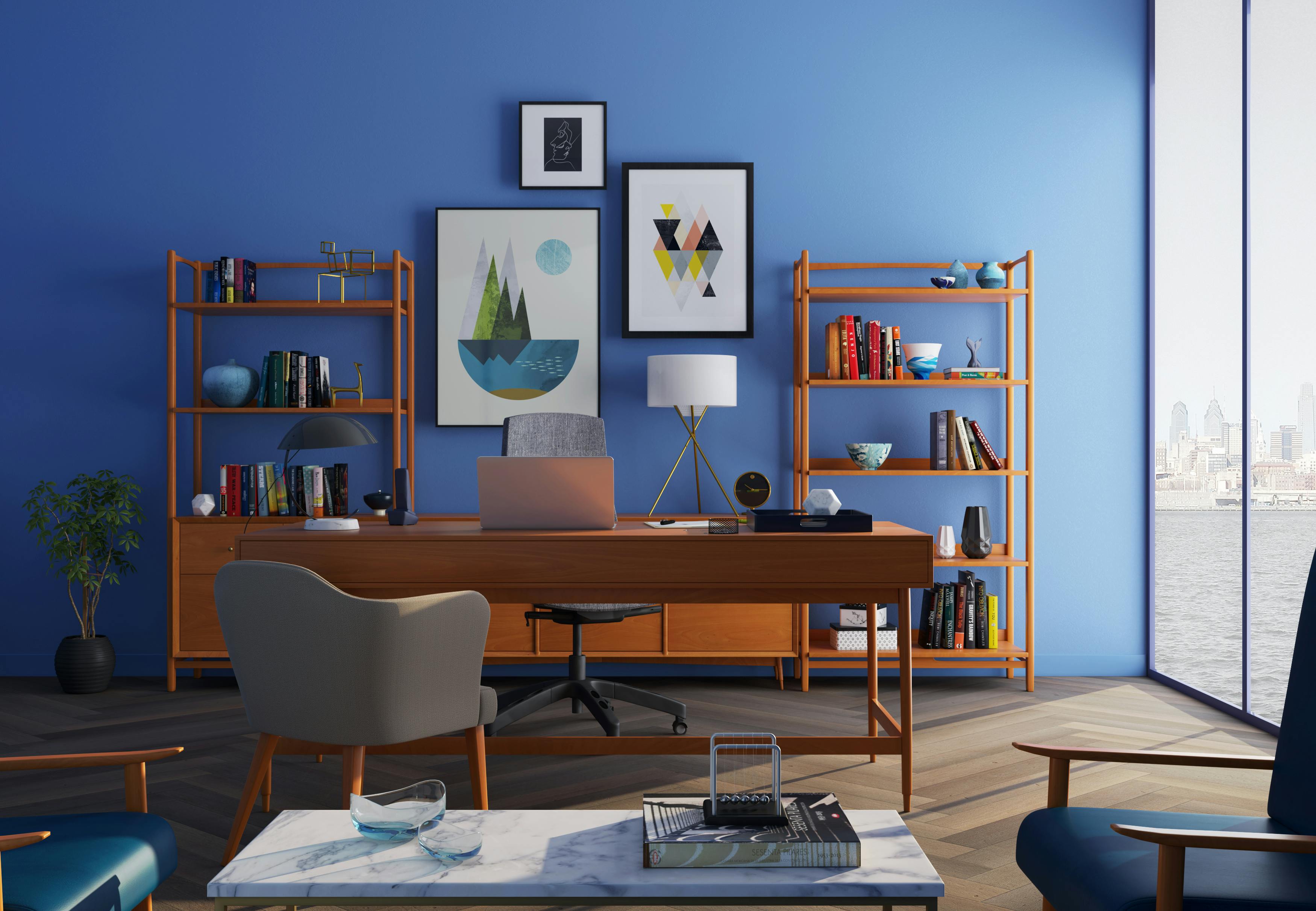 Modern corporate office interior with workstations and glass cabins